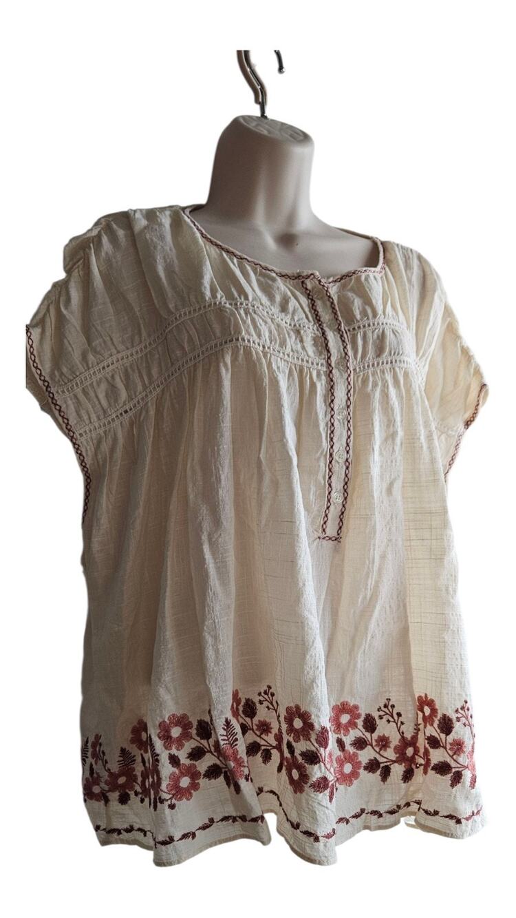 Max Studio London Women's Embroidered Floral Beige Blouse Top Size L NWT